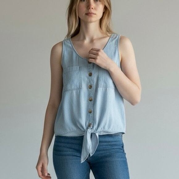 Natural Reflections Tie-Front Stripe Sleeveless Top Blue Denim-Look Size Medium - Picture 1 of 12